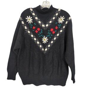 Vintage Honors Misses Sweater Women’s L Black White Floral Embroidered Argyle